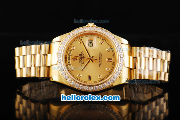 Rolex Day Date II Automatic Movement Full Gold with Diamond Bezel-Gold Dial and Diamond Markers - Click Image to Close